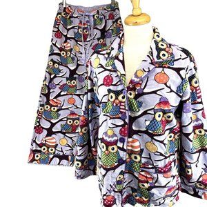 Nick & Nora Medium 2 Piece Flannel Pajamas Owls Purple Long Sleeves Warm